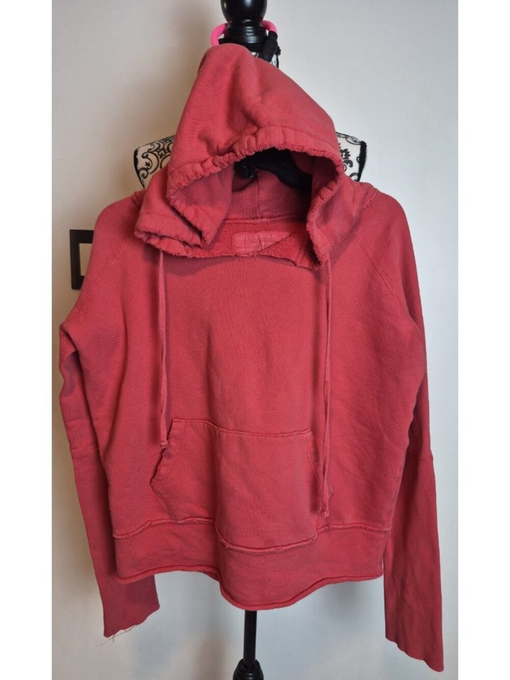 Nili Lotan Janie Hoodie Womens Medium Coral Distressed Raw Edge Cotton USA